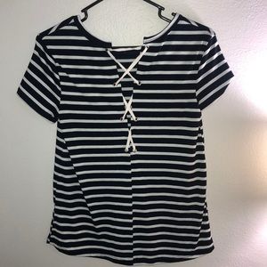 Navy and white striped lace up back t-shirt